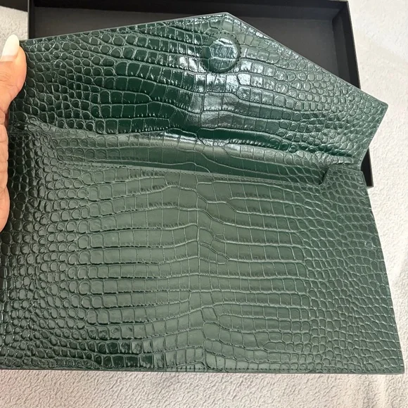 SAINT LAURENT YSL Dark Mint Green Uptown Croc Print Med Envelope Pouch Clutch - Picture 7 of 12